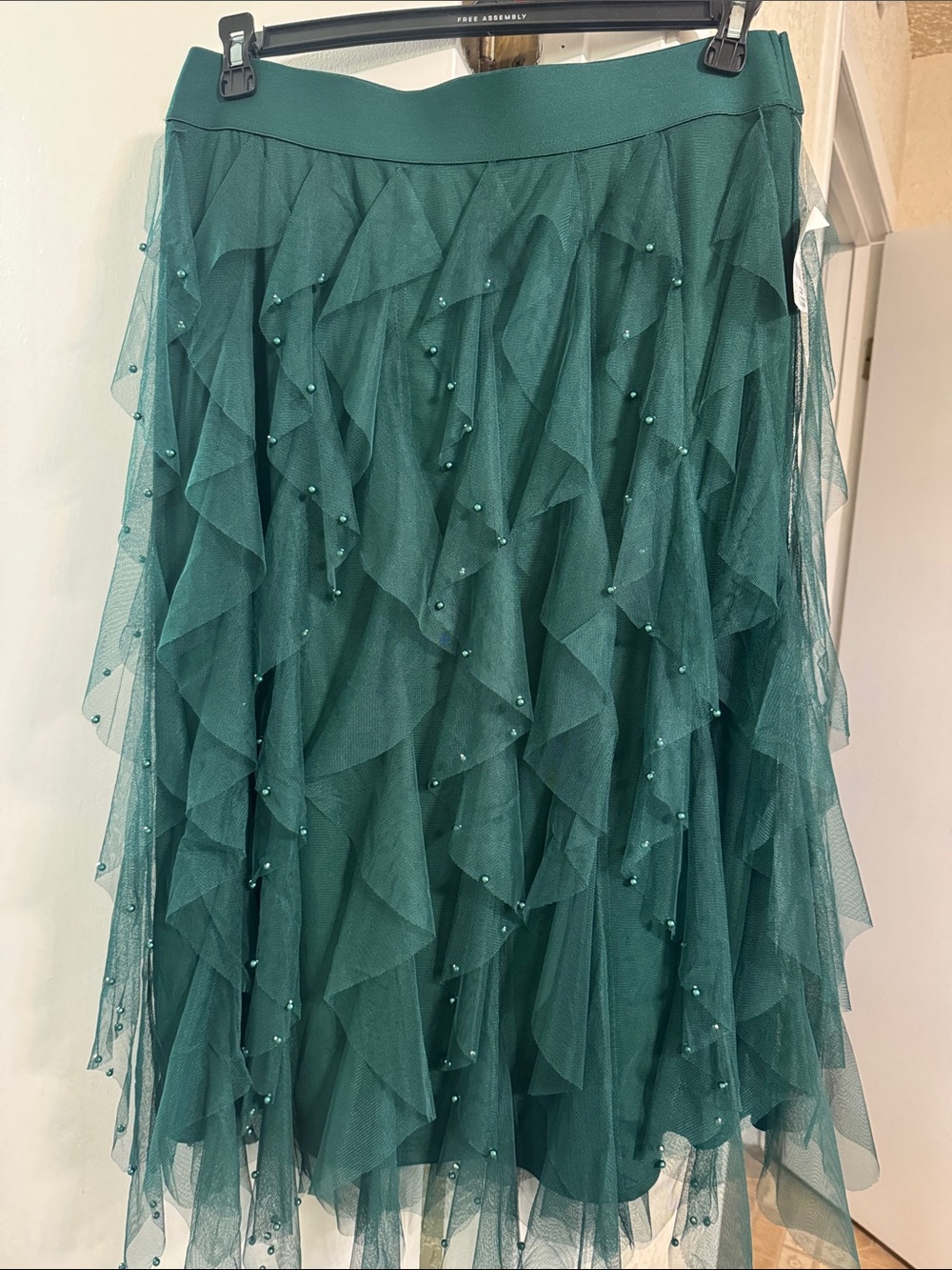 Cato Emerald Green Ruffle Pearl Midi Skirt